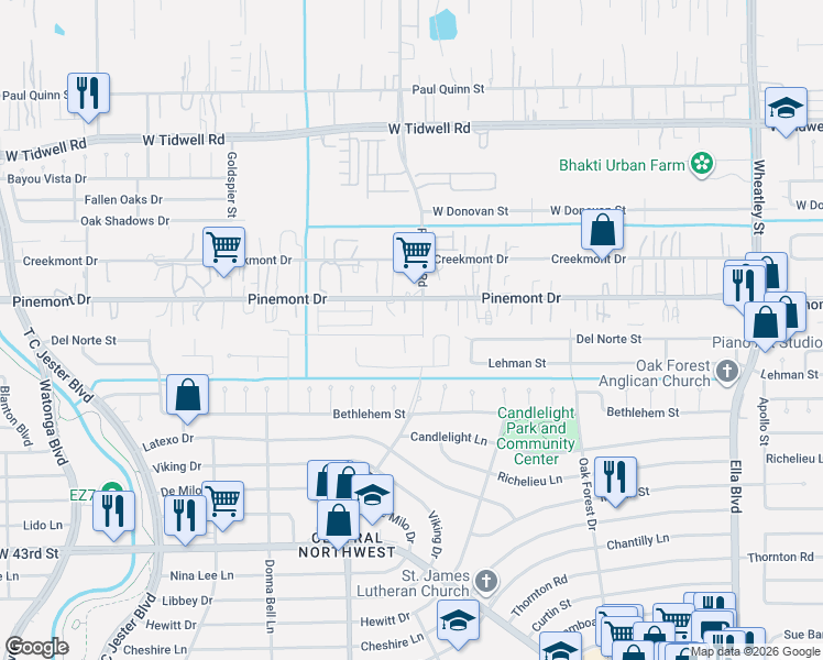 map of restaurants, bars, coffee shops, grocery stores, and more near 5115 Rosslyn Road in Houston