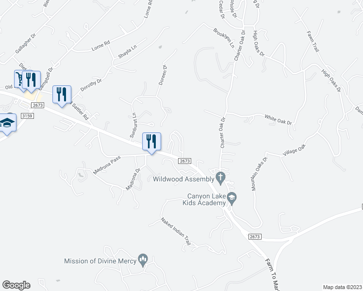 map of restaurants, bars, coffee shops, grocery stores, and more near 7106 Farm to Market Road 2673 in Canyon Lake