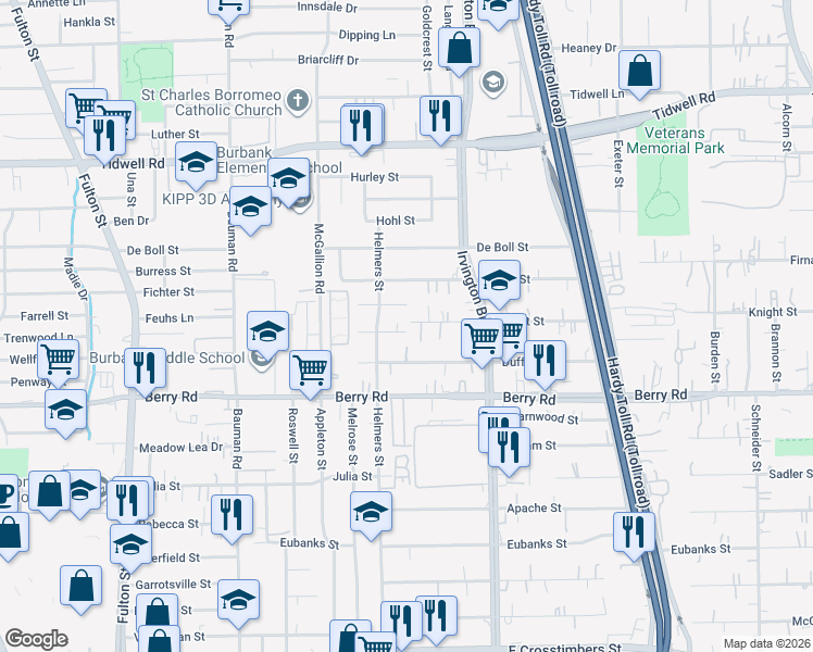 map of restaurants, bars, coffee shops, grocery stores, and more near 714 Doverside Street in Houston