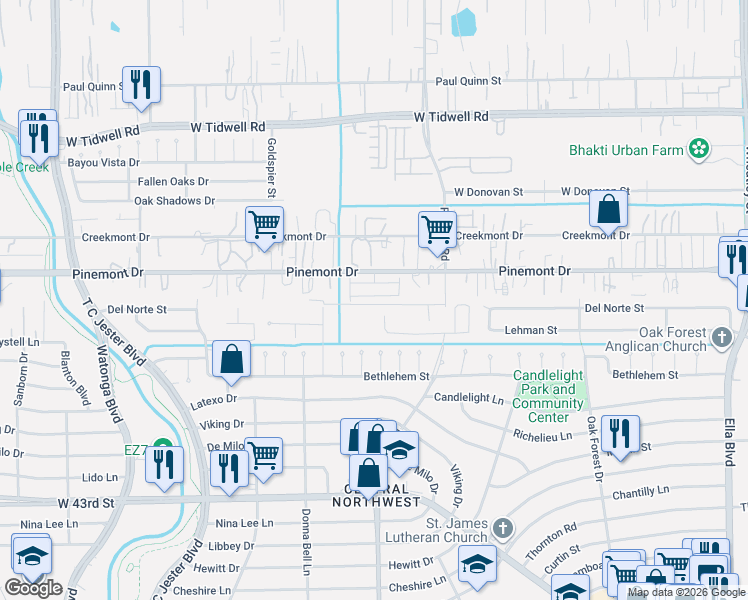 map of restaurants, bars, coffee shops, grocery stores, and more near 1863 Candlelight Place Drive in Houston