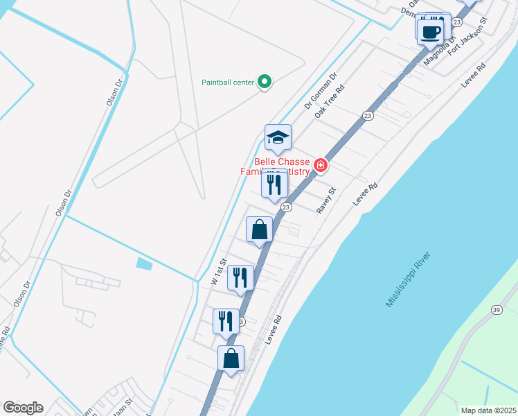 map of restaurants, bars, coffee shops, grocery stores, and more near Concession Street in Belle Chasse