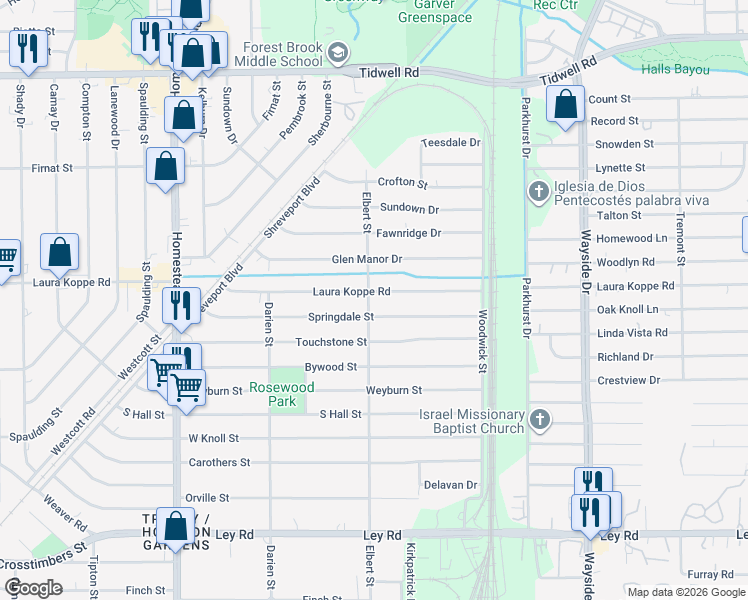 map of restaurants, bars, coffee shops, grocery stores, and more near 7505 Springdale Street in Houston