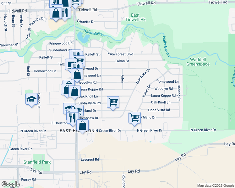 map of restaurants, bars, coffee shops, grocery stores, and more near 9114 Oak Knoll Lane in Houston