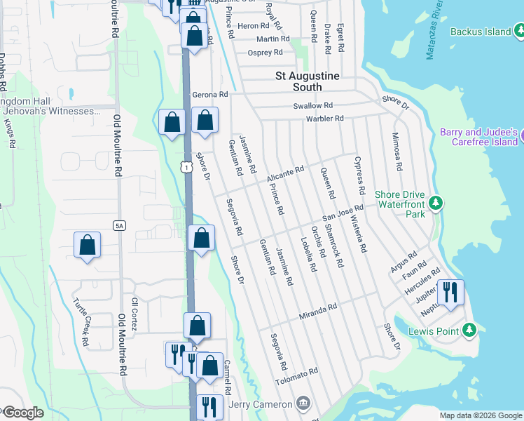 map of restaurants, bars, coffee shops, grocery stores, and more near 333 Gentian Road in St. Augustine