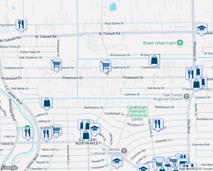map of restaurants, bars, coffee shops, grocery stores, and more near 5115 Rosslyn Road in Houston