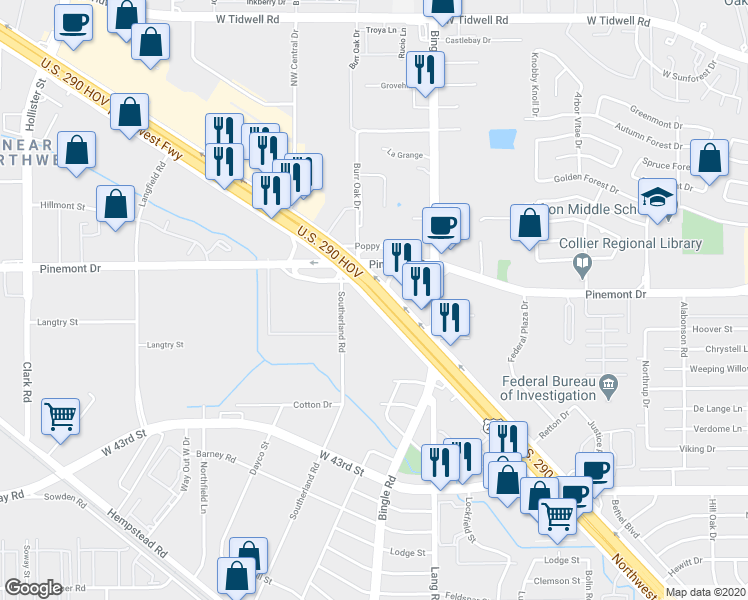 map of restaurants, bars, coffee shops, grocery stores, and more near 12707 Northwest Freeway in Houston