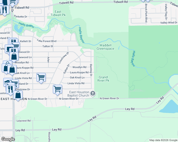map of restaurants, bars, coffee shops, grocery stores, and more near 9330 Laura Koppe Road in Houston