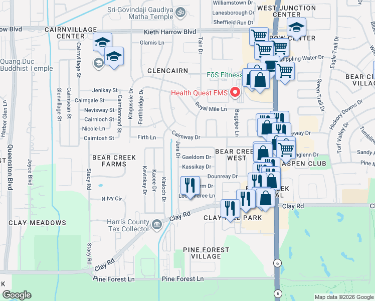 map of restaurants, bars, coffee shops, grocery stores, and more near 16623 Gaeldom Drive in Houston