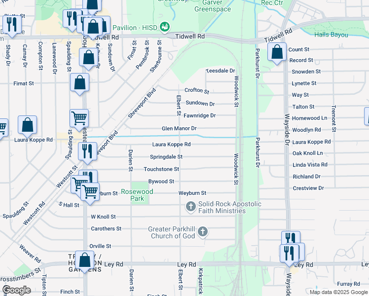 map of restaurants, bars, coffee shops, grocery stores, and more near 7505 Springdale Street in Houston