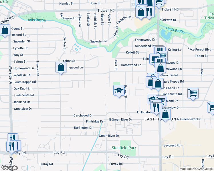 map of restaurants, bars, coffee shops, grocery stores, and more near 8602 Shady Vista Lane in Houston