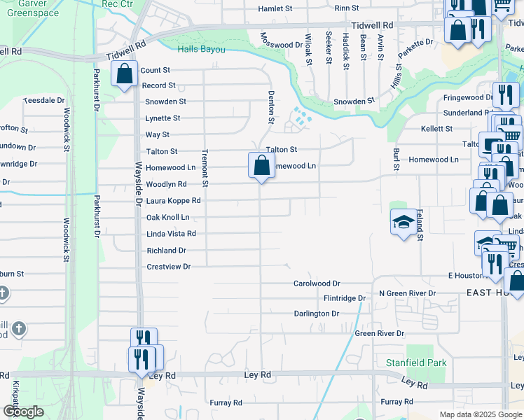 map of restaurants, bars, coffee shops, grocery stores, and more near 8406 Denton Street in Houston