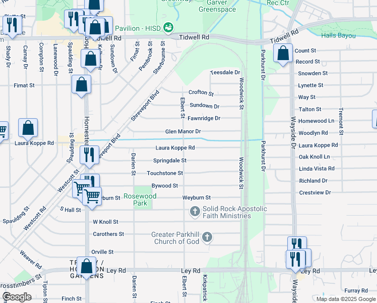 map of restaurants, bars, coffee shops, grocery stores, and more near 7505 Springdale Street in Houston