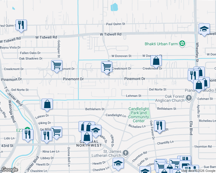 map of restaurants, bars, coffee shops, grocery stores, and more near 5115 Rosslyn Road in Houston