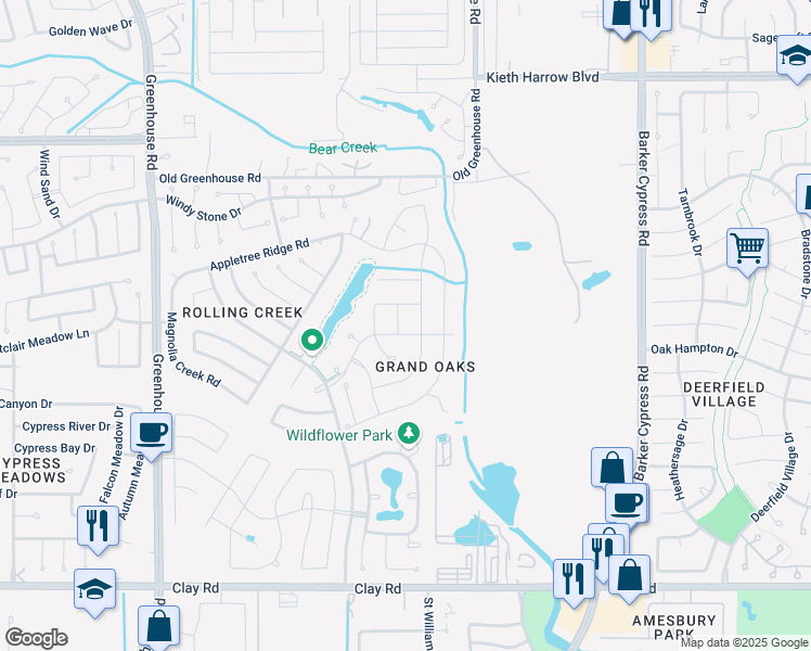 map of restaurants, bars, coffee shops, grocery stores, and more near 18511 Sleeping Bear Way in Houston