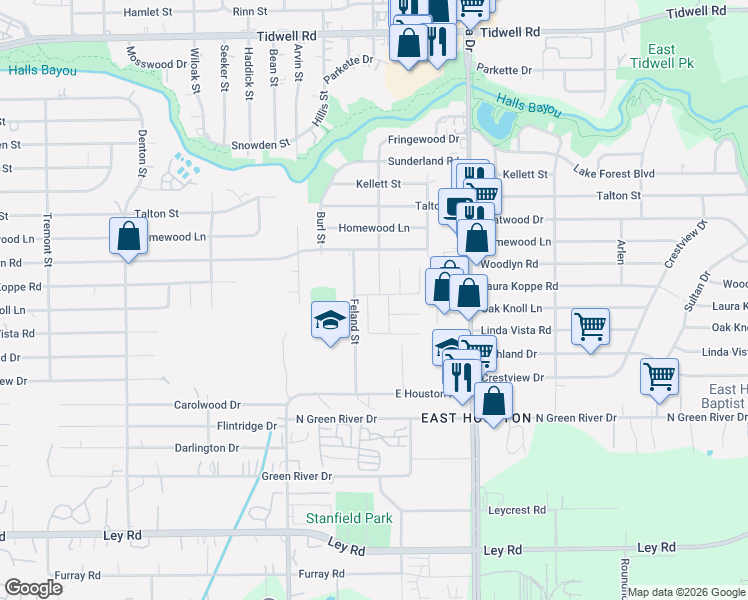 map of restaurants, bars, coffee shops, grocery stores, and more near 8522 Oak Grove Church Street in Houston