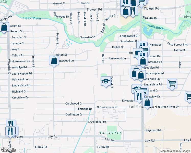 map of restaurants, bars, coffee shops, grocery stores, and more near 8602 Shady Vista Lane in Houston