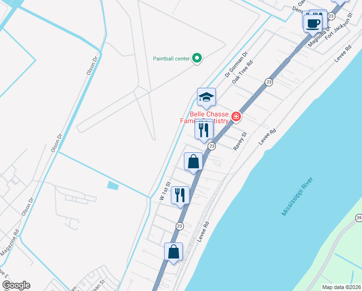 map of restaurants, bars, coffee shops, grocery stores, and more near 115 Concession Street in Belle Chasse