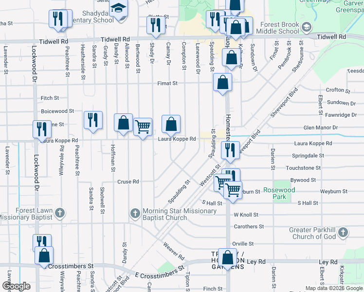 map of restaurants, bars, coffee shops, grocery stores, and more near 8605 Lanewood Drive in Houston