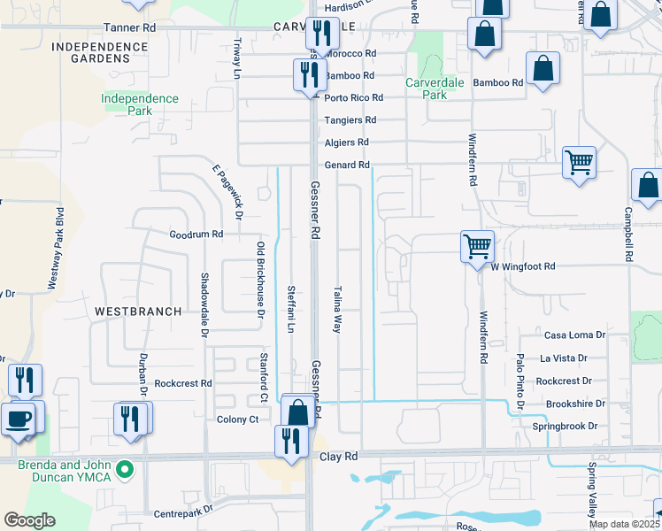 map of restaurants, bars, coffee shops, grocery stores, and more near 4805 Talina Way in Houston