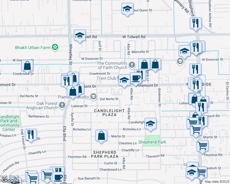 map of restaurants, bars, coffee shops, grocery stores, and more near 1001 Pinemont Drive in Houston