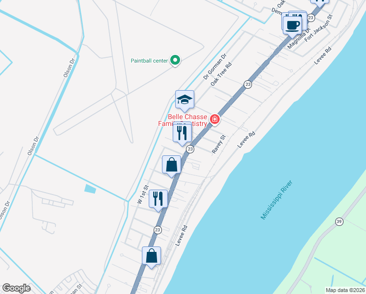 map of restaurants, bars, coffee shops, grocery stores, and more near 101 Concession Street in Belle Chasse