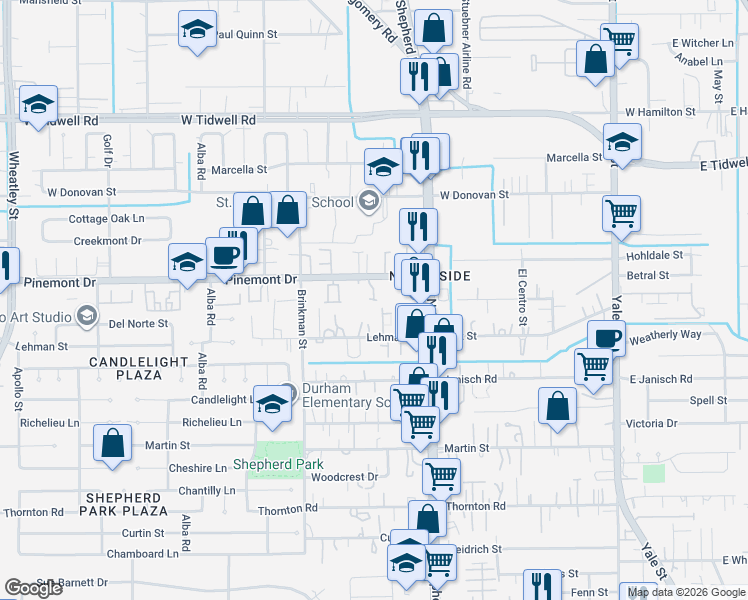 map of restaurants, bars, coffee shops, grocery stores, and more near 707 Embercove Dr in Houston