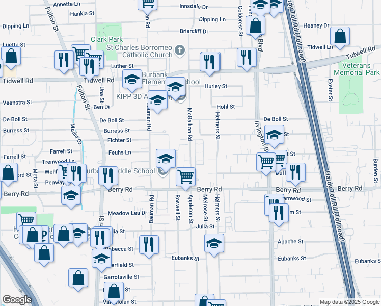 map of restaurants, bars, coffee shops, grocery stores, and more near 8600 McGallion Road in Houston