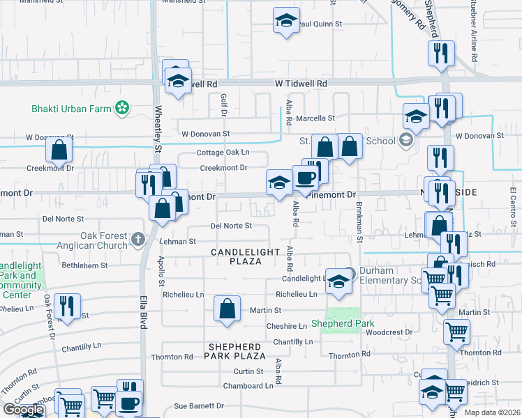 map of restaurants, bars, coffee shops, grocery stores, and more near 1001 Pinemont Drive in Houston