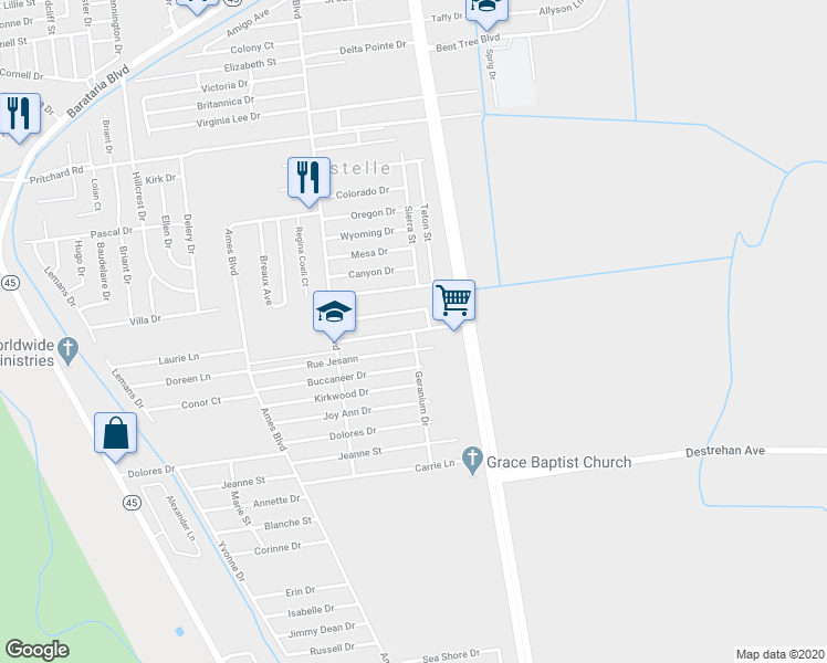 map of restaurants, bars, coffee shops, grocery stores, and more near 4899 Geranium Drive in Marrero