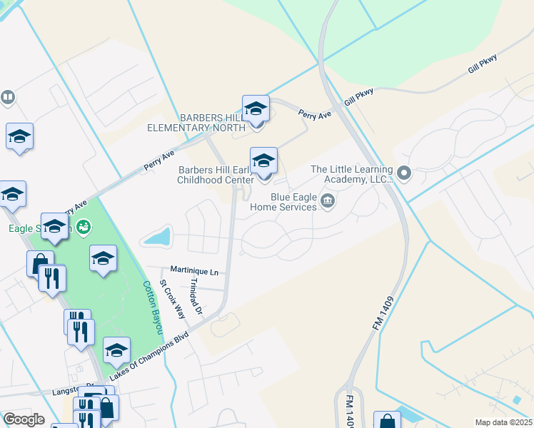 map of restaurants, bars, coffee shops, grocery stores, and more near 14815 Churchill Downs Avenue in Mont Belvieu