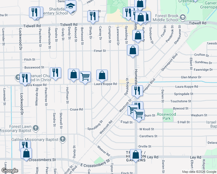 map of restaurants, bars, coffee shops, grocery stores, and more near 6405 Laura Koppe Road in Houston