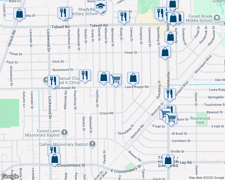 map of restaurants, bars, coffee shops, grocery stores, and more near 6021 Laura Koppe Road in Houston