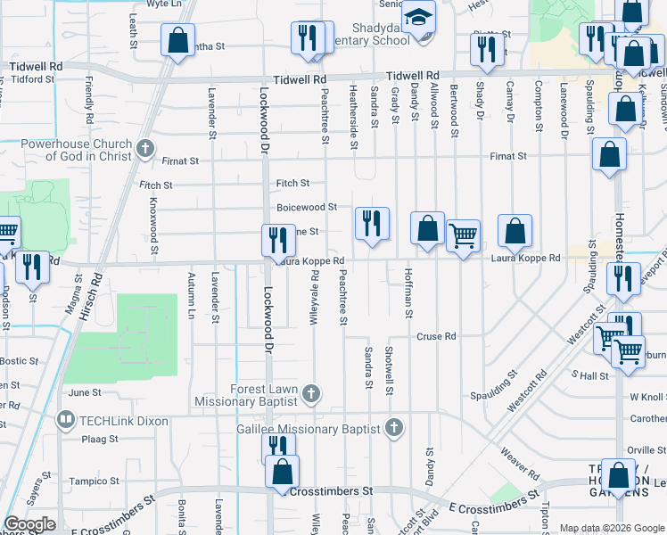 map of restaurants, bars, coffee shops, grocery stores, and more near 5115 Laura Koppe Road in Houston
