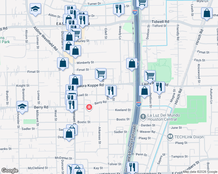 map of restaurants, bars, coffee shops, grocery stores, and more near 3209 Laura Koppe Road in Houston