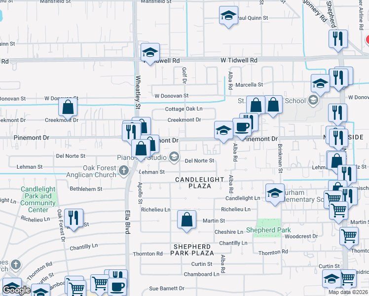 map of restaurants, bars, coffee shops, grocery stores, and more near 5139 Redemption Circle in Houston