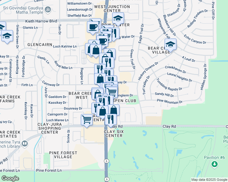 map of restaurants, bars, coffee shops, grocery stores, and more near 16151 Cairnway Drive in Houston
