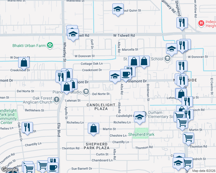 map of restaurants, bars, coffee shops, grocery stores, and more near in Houston