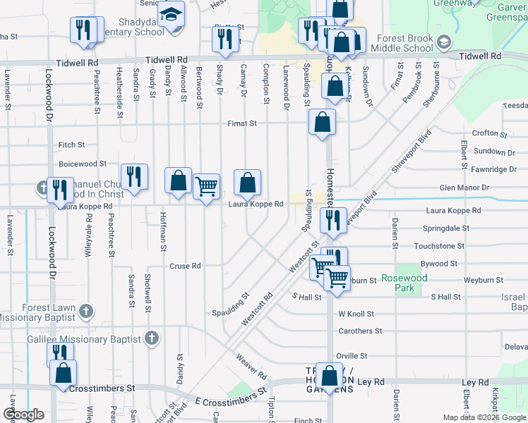 map of restaurants, bars, coffee shops, grocery stores, and more near 6405 Laura Koppe Road in Houston