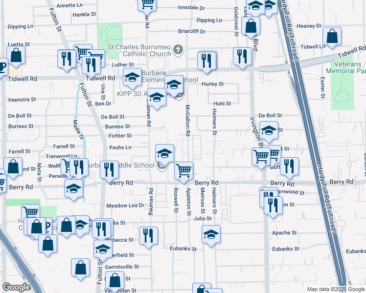 map of restaurants, bars, coffee shops, grocery stores, and more near 8855 McGallion Road in Houston