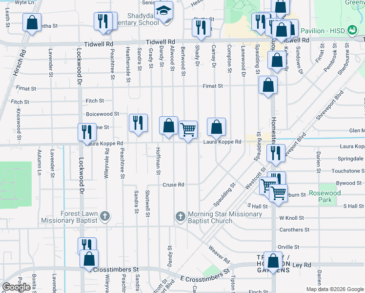 map of restaurants, bars, coffee shops, grocery stores, and more near 6021 Laura Koppe Road in Houston