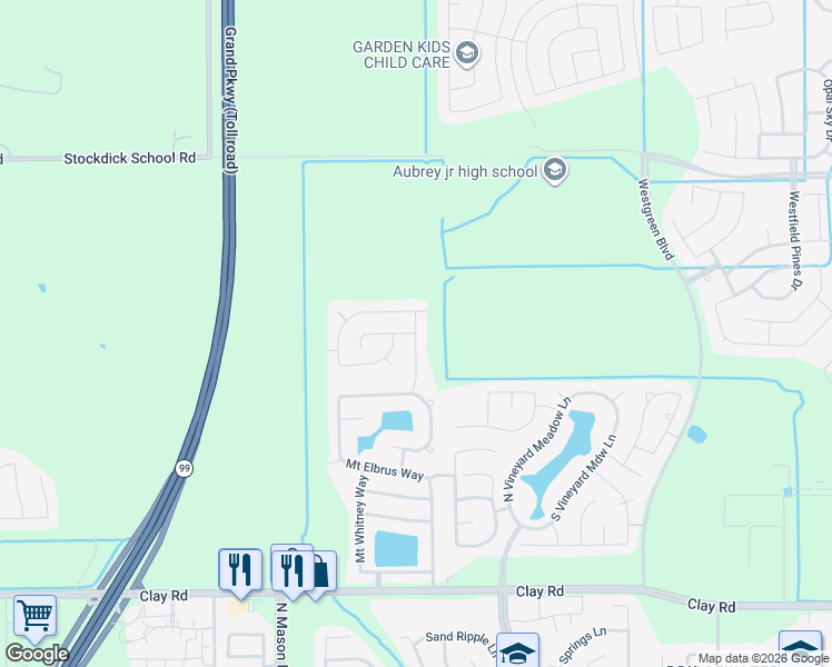 map of restaurants, bars, coffee shops, grocery stores, and more near Wheeler Peak Way in Katy
