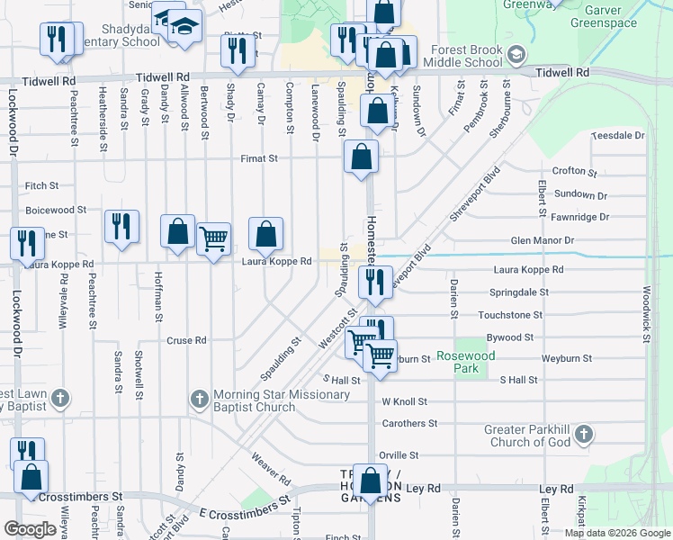 map of restaurants, bars, coffee shops, grocery stores, and more near in Houston