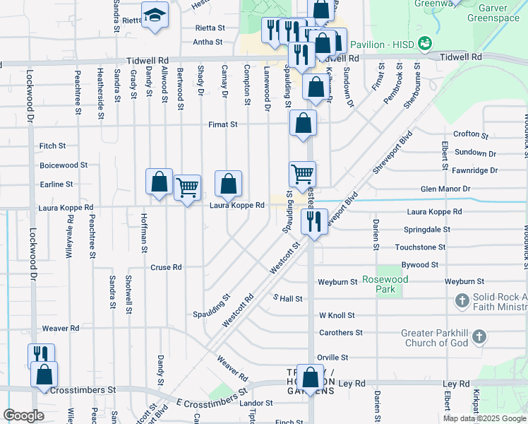 map of restaurants, bars, coffee shops, grocery stores, and more near 6414 Laura Koppe Road in Houston
