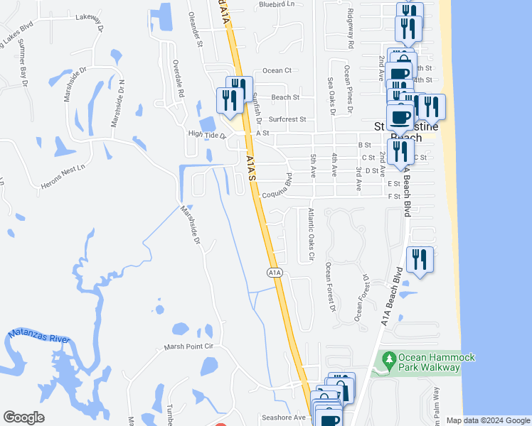 map of restaurants, bars, coffee shops, grocery stores, and more near 638 Bowers Court in St. Augustine