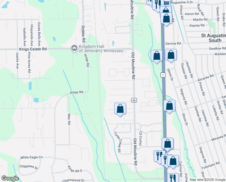 map of restaurants, bars, coffee shops, grocery stores, and more near 148 Moultrie Crossing Lane in St. Augustine