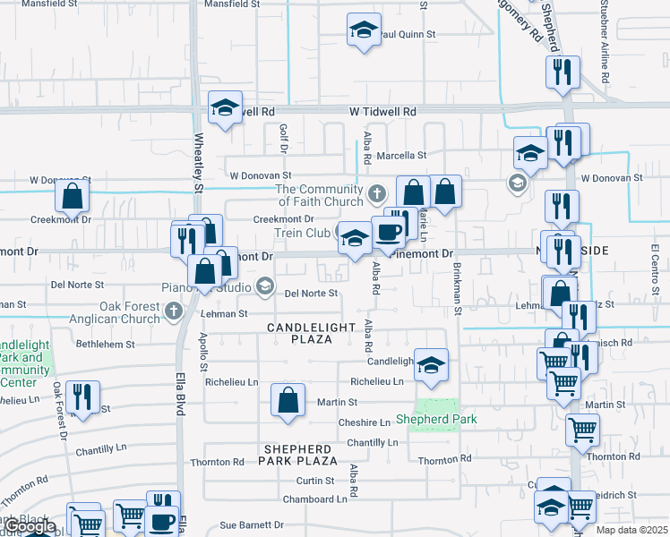 map of restaurants, bars, coffee shops, grocery stores, and more near in Houston
