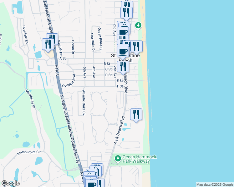 map of restaurants, bars, coffee shops, grocery stores, and more near 115 F Street in St. Augustine Beach