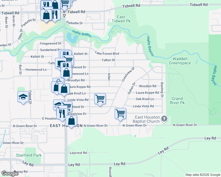 map of restaurants, bars, coffee shops, grocery stores, and more near 9113 Laura Koppe Road in Houston