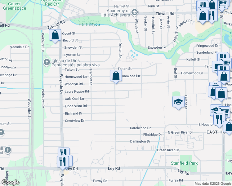 map of restaurants, bars, coffee shops, grocery stores, and more near 8830 Denton Street in Houston