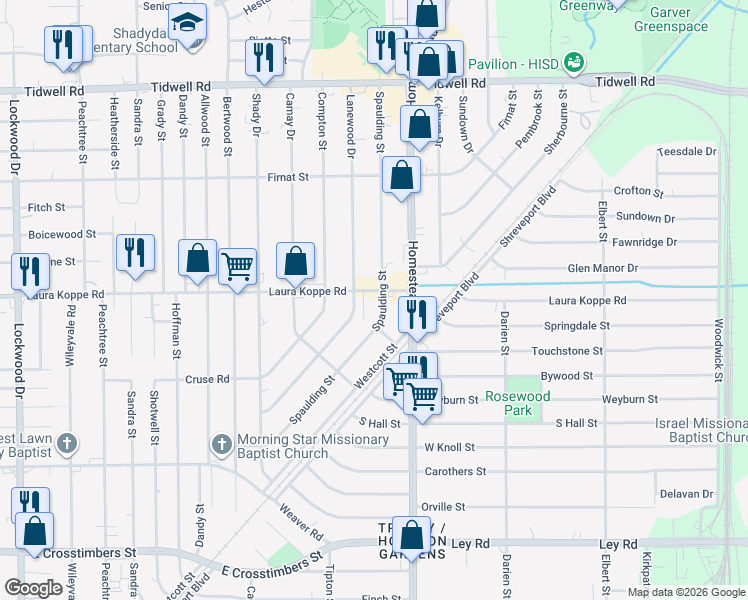map of restaurants, bars, coffee shops, grocery stores, and more near in Houston